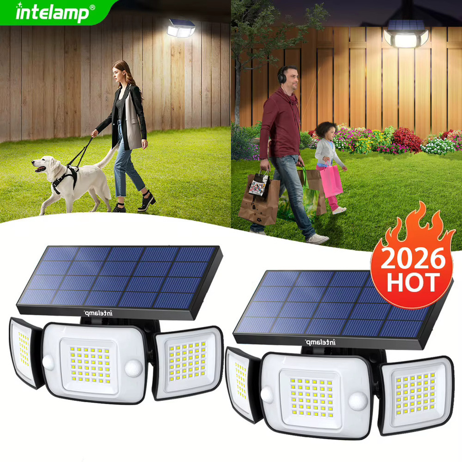 intelamp Solar-Flutlicht für den Außenbereich mit 6000 mAh Akku, weißes Flutlicht mit 3 Köpfen, zwei Bewegungssensoren und großem Solarpanel für Garten, Garage und Zaun - Bild 6