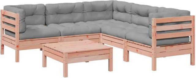 vidaXL 6-tlg Garten-Sofagarnitur aus Massivholz Douglasie mit Kissen in L-Form, Farbe Braun/Grau - Bild 1