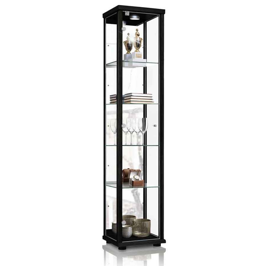 K-Möbel Sammlervitrine stehend in Schwarz mit LED-Beleuchtung, Glasböden, Spiegel und Schloss, H x B x T: 176 x 37 x 33 cm - Bild 2