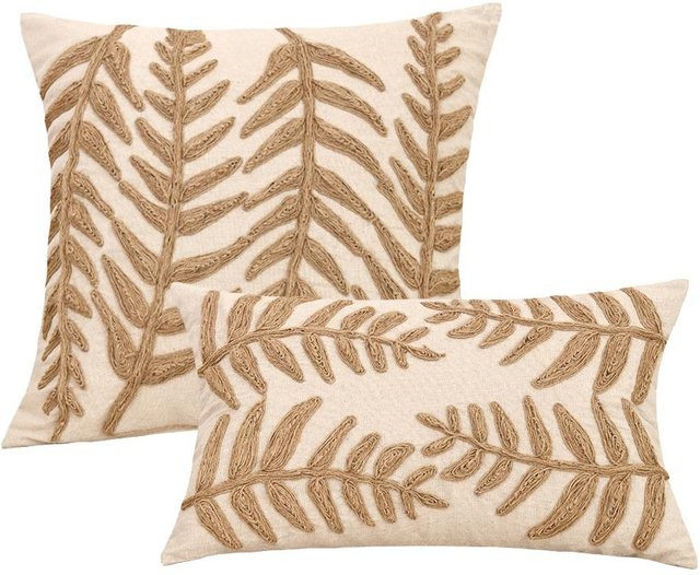 Beiger Kissenbezug mit Blättern und Quasten im Boho-Stil von JMG Clothing, B/B/H: 45 x 45 x 0 cm - Bild 1