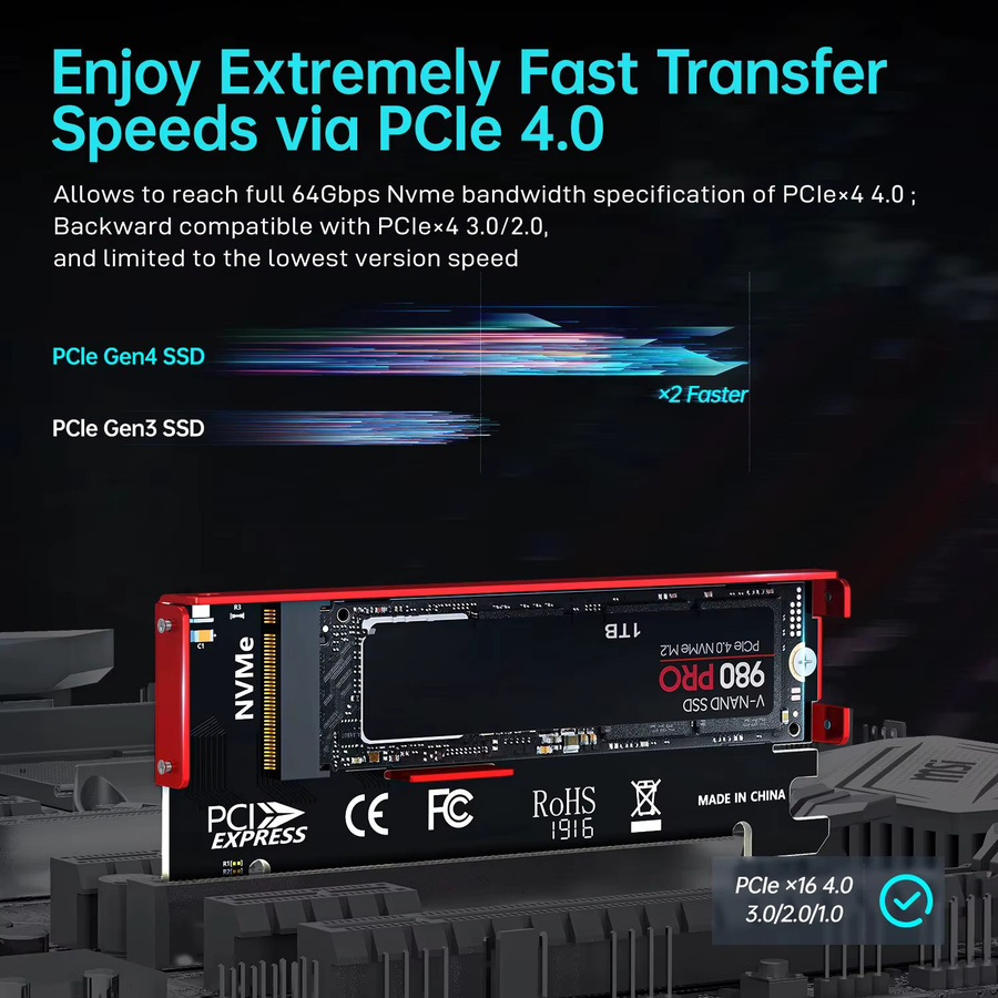 JEYI M.2 NVMe auf PCIe 4.0 X16 Adapter mit Kühlkörper in Schwarz für Samsung 980 PRO und 970 EVO SSDs - Bild 2