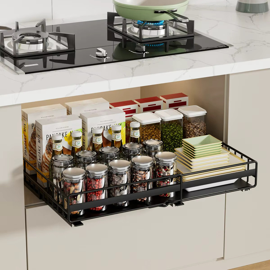 HGTUGO Ausziehbares Schrank-Aufbewahrungsregal aus Metall in Schwarz, erweiterbar von 31 bis 49 cm, schiebbares Regal für die Küchenorganisation ohne Bohren - Bild 2