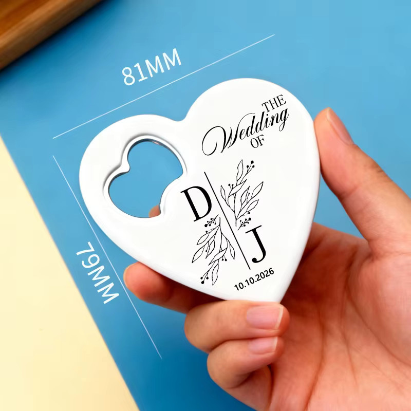 Personalisierter magnetischer Flaschenöffner in Herzform, weiß, ideal als Hochzeitsgeschenk für Gäste oder zur Brautparty - Bild 4