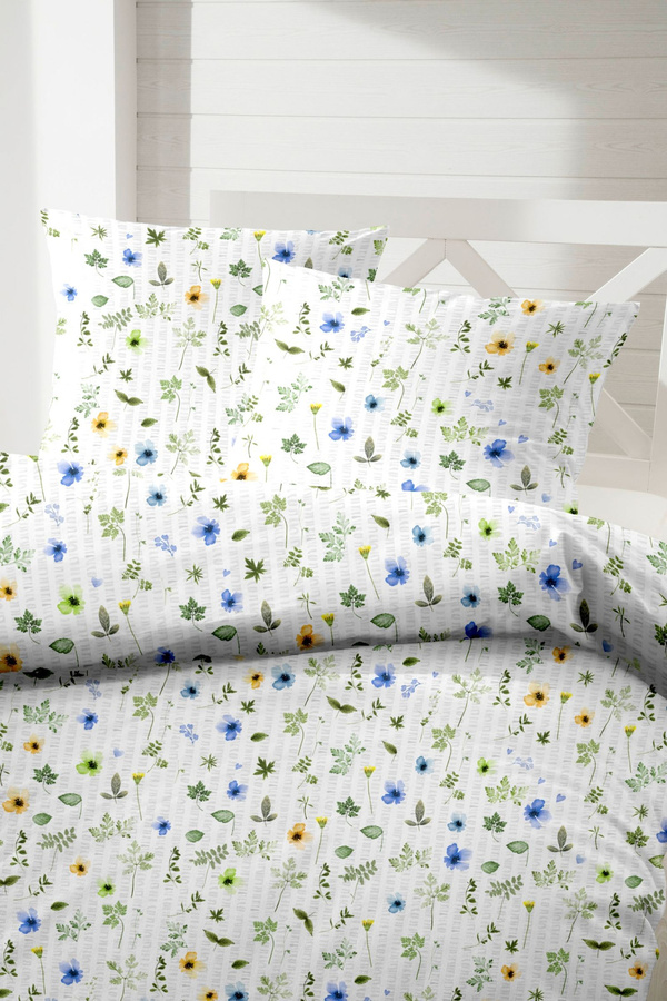 Primera Soft-Seersucker Bettwäsche aus Baumwolle mit Wiesenblumen-Design in Blau, Gelb und Weiß, B/H: 135 x 200 cm, inklusive Kissenbezug 80 x 80 cm - Bild 1