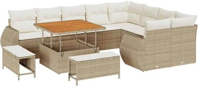 vidaXL Garten-Sofa-Set 12-teilig aus Poly-Rattan und Akazienholz in Beige mit Polstern - Bild 1
