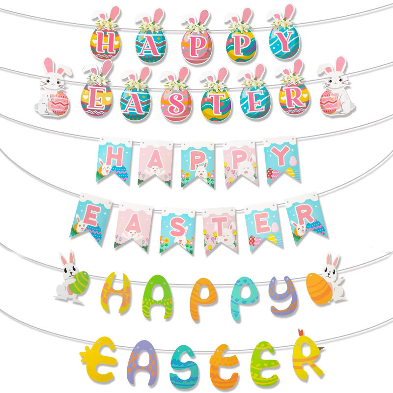 WEIGAO Ostern Banner mit bunten Hasen, Ostereiern und Karotten als hängende Girlande zur Frühlingsdekoration, Multicolor - Bild 1