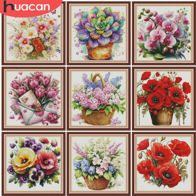 HUACAN Kreuzstich-Set mit floralem Rosen- und Mohnblumen-Motiv, 11CT DIY-Stickerei-Set für deine handgefertigte Leinwandkunst, B/H: 30 x 30 cm - Bild 1