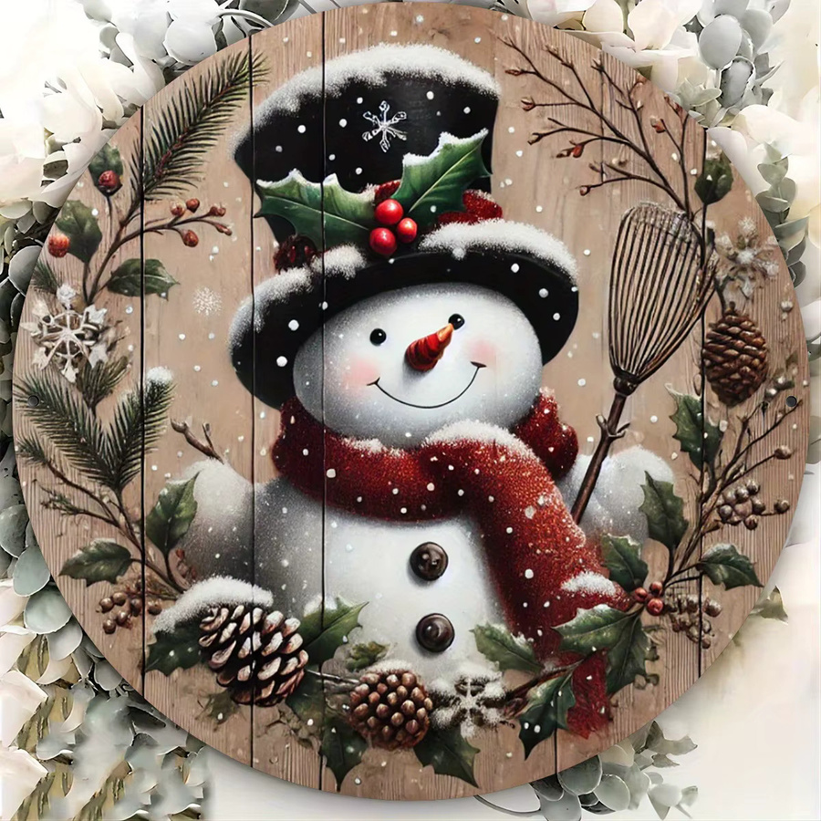 Potdemiel Schneemann-Kranz Vintage Wandkunst aus Metall, rundes Weihnachtsdekor, Mehrfarbig, Durchmesser: 20,32 cm - Bild 4