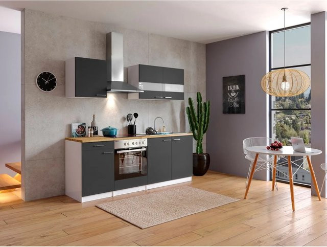 Respekta Küchenzeile KB210WGC modern in Grau-Weiß mit Glastüren und Soft-Close-Funktion, Breite: 210 cm, Tiefe: 60 cm, Höhe: 140,9 cm - Bild 1
