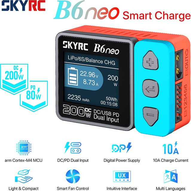 SkyRC B6 Neo Smart Charger DC 200W PD 80W LiPo Akku-Balancer-Ladegerät SK-100198 Kompaktes 6S Ladegerät und Entladegerät mit USB-C Anschluss - Bild 1