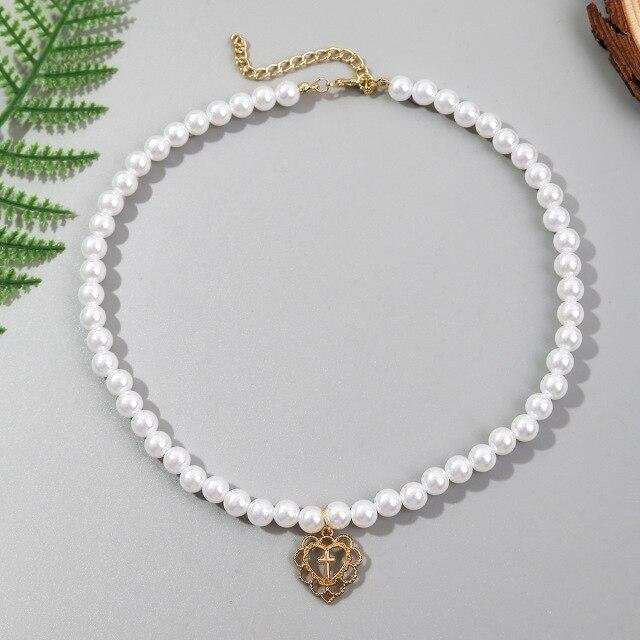 Halskette Venezianische Perlen Choker, Kreuz mit Herz Anhänger, weiß, Damen, 45cm - Bild 1