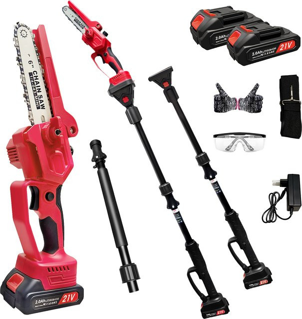 4-in-1 Mini Akku-Kettensäge mit 6 Zoll Schneide, 21V Bürstenlose elektrische Astschere mit Verlängerungsstange, Rot - Bild 1