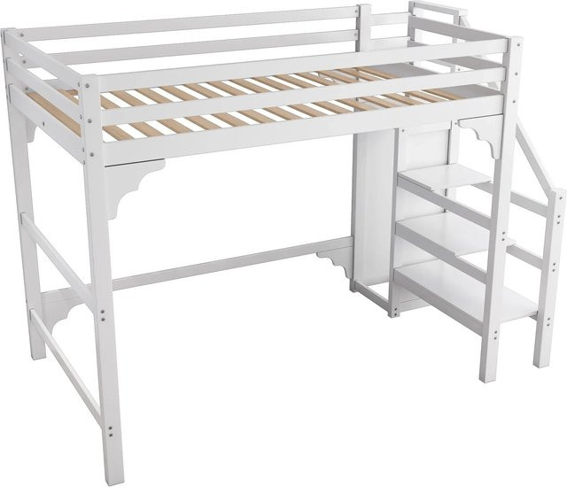 okwish Hochbett für Jugendliche aus Kiefer und MDF in Weiß mit Stufentreppe und Kleiderschrank, B/T/H: 200 x 90 x 175 cm - Bild 1