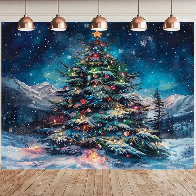 VIKAMA Nordic Wandteppich Weihnachten mit Schnee Szene und Weihnachtsbaum zur Wanddekoration für dein Wohnzimmer - Bild 1
