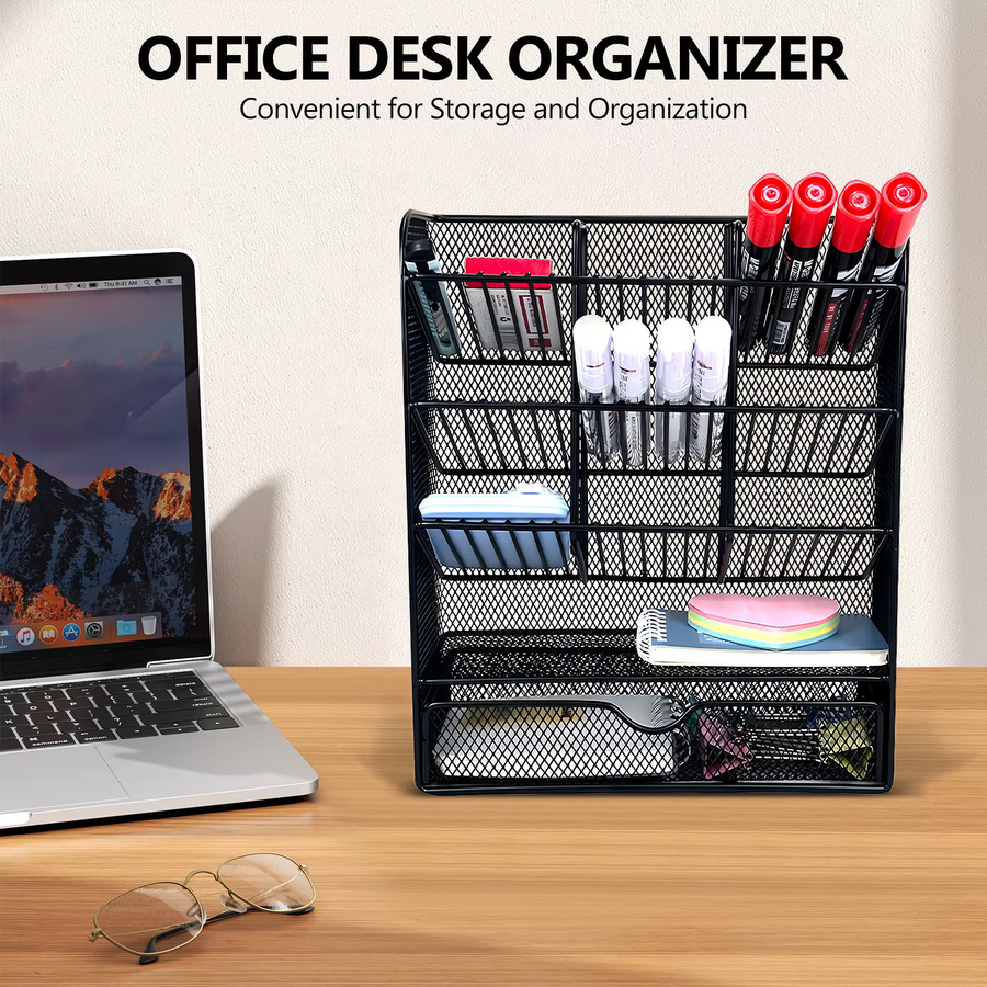 Metall-Schreibtischorganizer in Schwarz mit mehreren Fächern und Schublade für Büro und Schule - Bild 2