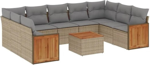vidaXL 10-tlg. Garten-Sofagarnitur in L-Form aus Polyrattan und Akazienholz mit Kissen in Beige - Bild 1