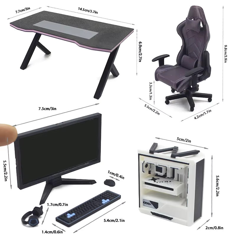 Puppenhaus Arbeitszimmer Esports Spiele Computer Tastatur Schreibtisch Stuhl Set, Möbel Dekor Micro Szene Requisiten, Kunststoff - Bild 5