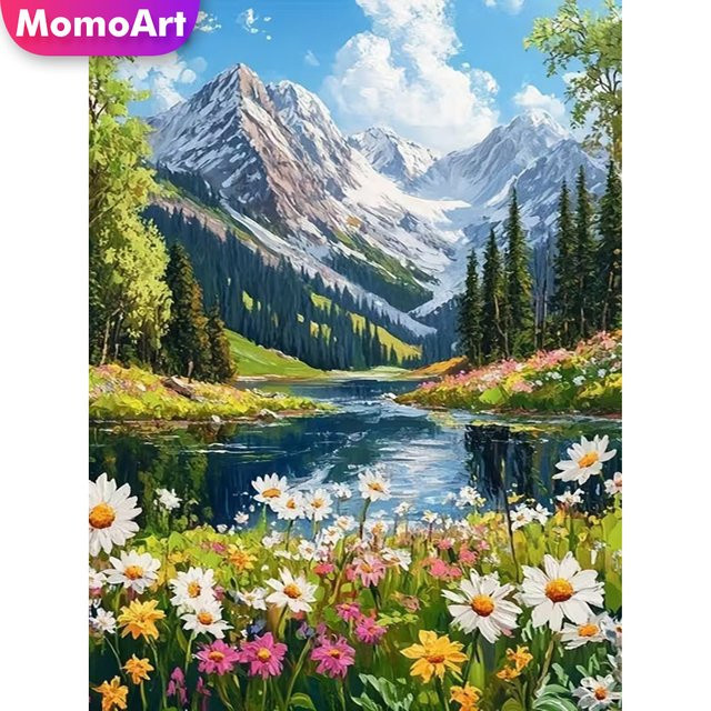 Momoart DIY Diamantmalerei Berglandschaft mit Fluss und Blumen, Mehrfarbiges Diamant-Mosaik Set für Wandkunst, B/H: 30 x 30 cm - Bild 1