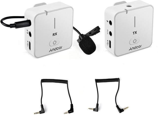 Andoer MX5 2.4G kabelloses Aufnahmemikrofonsystem in Weiß mit Sender, Empfänger und aufsteckbarem Lavalier-Mikrofon sowie 3.5mm Jack Anschluss - Bild 1