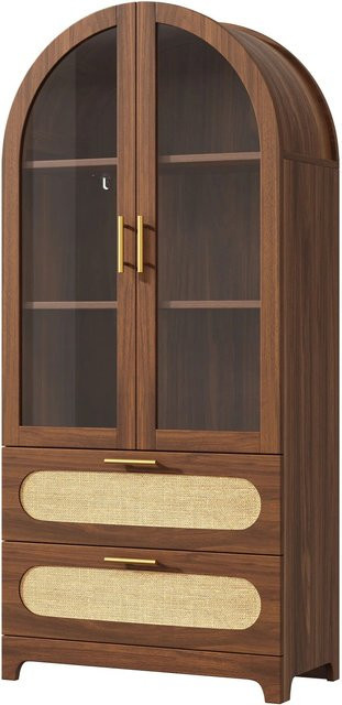okwish Vitrine Montmartre mit Bogen, 2 Schubladen und Glastüren, Braun, B/T/H: 80 x 40 x 175 cm - Bild 1