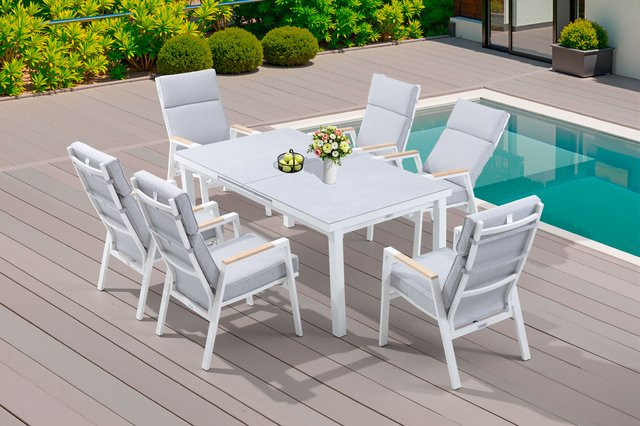 OUTFLEXX Garten-Essgruppe für 6 Personen aus Aluminium, Teak und Textilene in Weiß, ausziehbarer Tisch mit Sicherheitsglas, witterungsbeständig - Bild 1