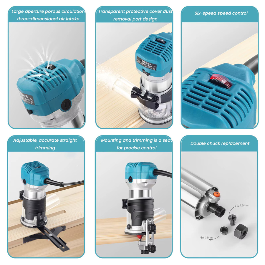 TKKEACE Elektrische Holzfräse 2000W mit 40000 U/min und 6-Gang-Einstellung in Blau für professionelle Holzbearbeitung, Gravieren, Schlitzen und Schneiden - Bild 6