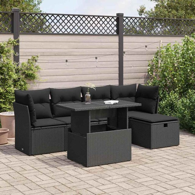 vidaXL 6-tlg. Garten-Sofagarnitur in L-Form aus Polyrattan mit Kissen, Schwarz - Bild 3