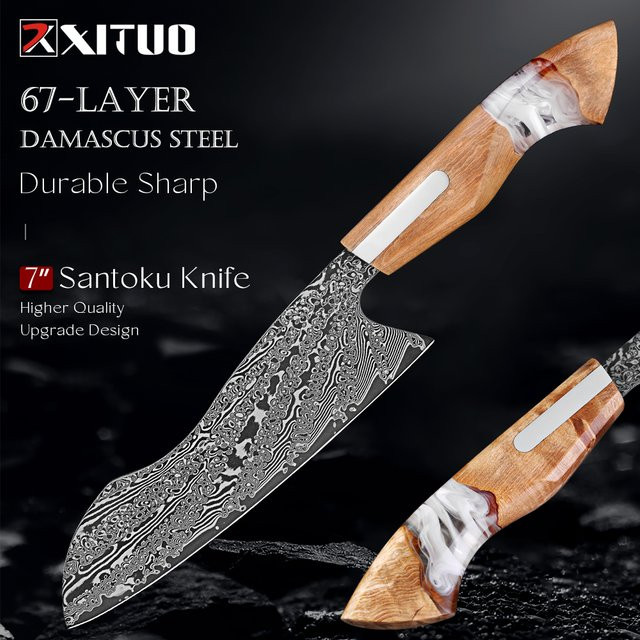 XITUO Japanisches Damast-Santoku-Messer aus Holz mit 7 Zoll Klingenlänge für Fleisch und Gemüse in Multicolour - Bild 1