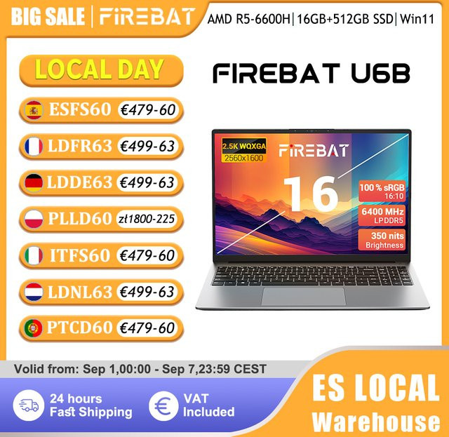 Firebat U6B Laptop mit AMD Ryzen 5 6600H, 16GB DDR5 RAM, 512GB SSD, 16 Zoll 2,5K 120Hz IPS Display, Windows 11, WIFI6 und Type-C - Bild 1