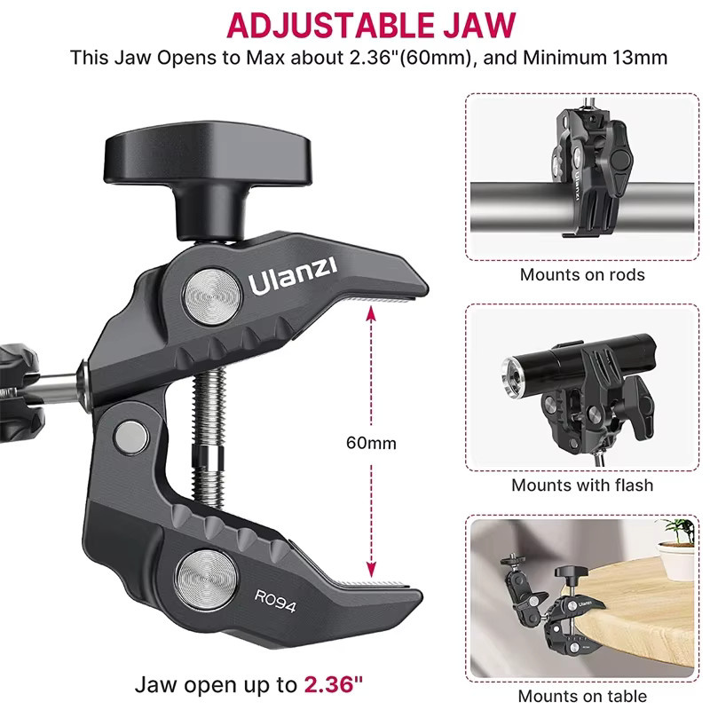 Ulanzi R094 Metall-Superklemme mit Doppelkugelkopf und Magic Arm in Schwarz für DSLR-Kamera, Monitor, Licht und Mikrofonhalterung mit 1/4" und 3/8" Gewinde - Bild 3
