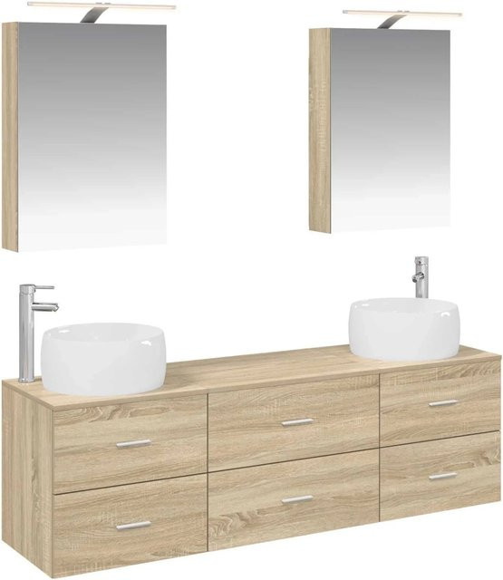vidaXL Badezimmermöbel-Set 5-teilig in Sonoma-Eiche mit Spiegelschrank, Wandschrank, Waschtischunterschrank, LED-Beleuchtung und Glastüren, Braun - Bild 1