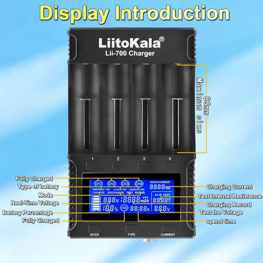 Liitokala Lii-700 Intelligentes Akkuladegerät mit LCD-Display für 18650, 26650, 16340, 18500, 3,7V und 1,2V in Schwarz - Bild 4