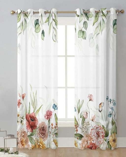 Yiran Furniture Eukalyptus Vorhänge aus transparentem Tüll und Chiffon in Grün, 2er-Set, Breite: 60 cm, Höhe: 150 cm - Bild 1