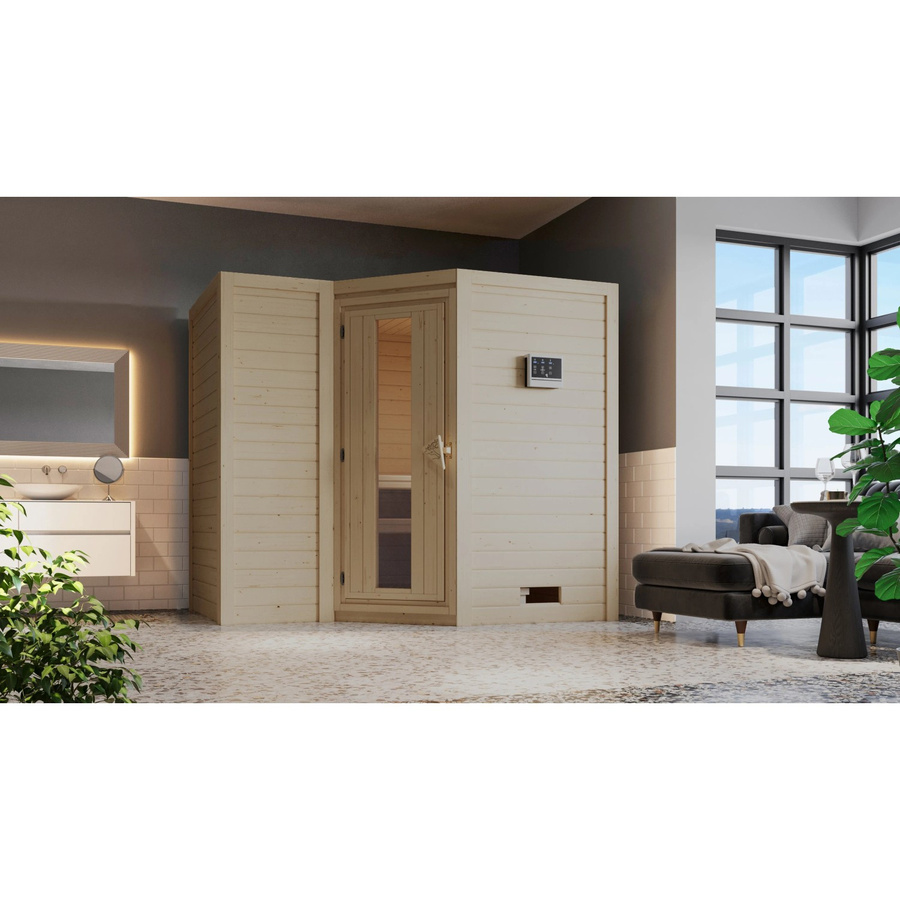 Karibu Sauna Steena 2 mit Bio-Ofen und externer Steuerung aus Fichte in Natur/Braun/Beige, B/T/H: 236 x 184 x 184 cm - Bild 2