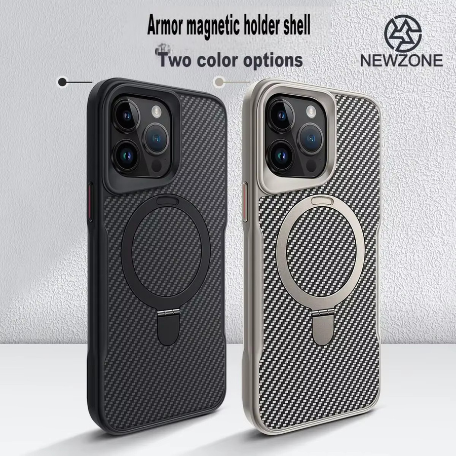 Magnetische iPhone Schutzhülle mit Kohlefaser-Muster und integriertem Ständer aus Aluminiumlegierung für Apple iPhone 12 bis iPhone 17 Pro Max in Schwarz und Grau - Bild 2