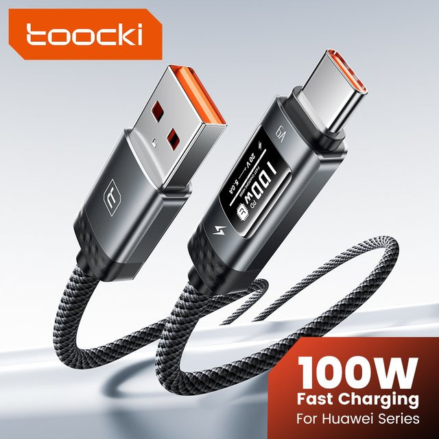 Toocki USB-A auf USB-C Datenkabel mit 100 W Schnellladung und OLED Digitalanzeige in Schwarz - Bild 1