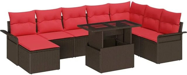 vidaXL Gartensofa-Set aus Poly-Rattan in L-Form mit 9 Teilen und Kissen, Braun/Rot - Bild 1