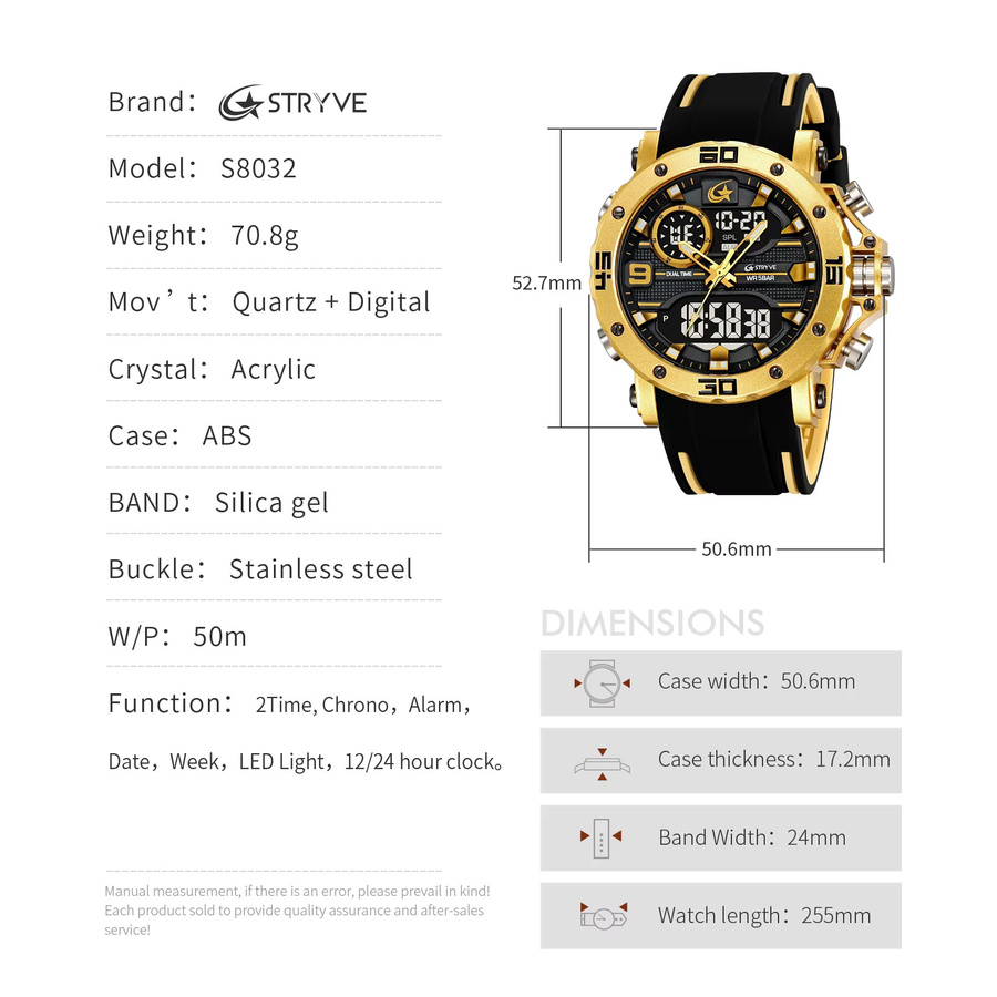 STRYVE Armbanduhr, Analog-Digital, Blau, Gold, Silikon, Herren, 5 ATM - Bild 6