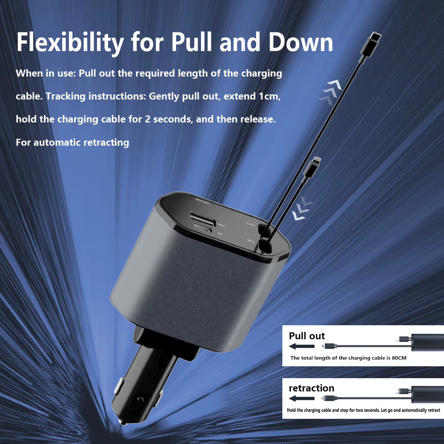 Gopala 4-in-1 PD30W Auto-Schnellladegerät mit einziehbarem USB-Typ-C-Kabel in Grau für iPhone, Samsung und Huawei - Bild 5