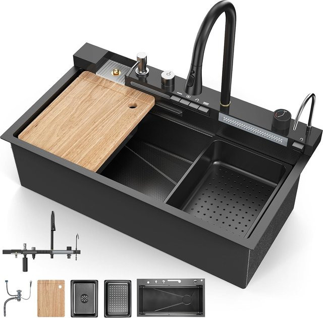 HiMISS Wasserfall-Küchenspüle aus Edelstahl in Schwarz, 1 Becken, B/T/H: 80 x 45 x 23 cm, inklusive Siphon und Überlauf- sowie Abfluss-Set - Bild 1