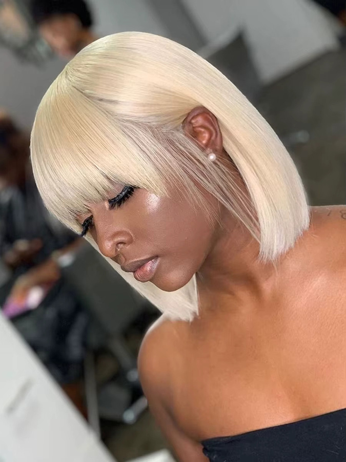 OYM HAIR Bob-Perücke, blonde Echthaar-Perücke mit Pony, Damen - Bild 5