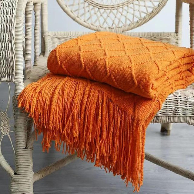 Inyahome Gestrickte Überwurfdecke mit Quasten in Orange, Grau und Blau, Kariertes Bettdeckendekor im Skandinavischen Stil, B/B/H: 172 x 127 x 1 cm - Bild 1