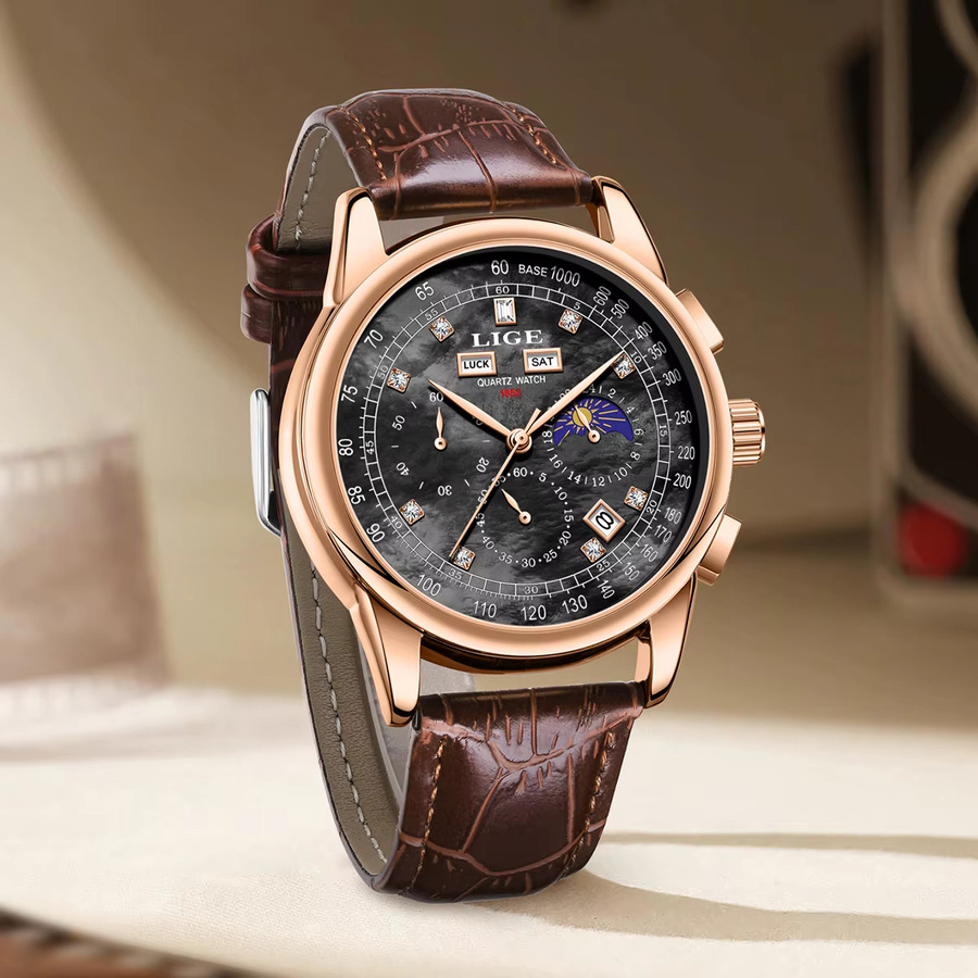 LIGE Chronograph, Leder, Quarz, Herren, Schwarz, Roségold - Bild 2