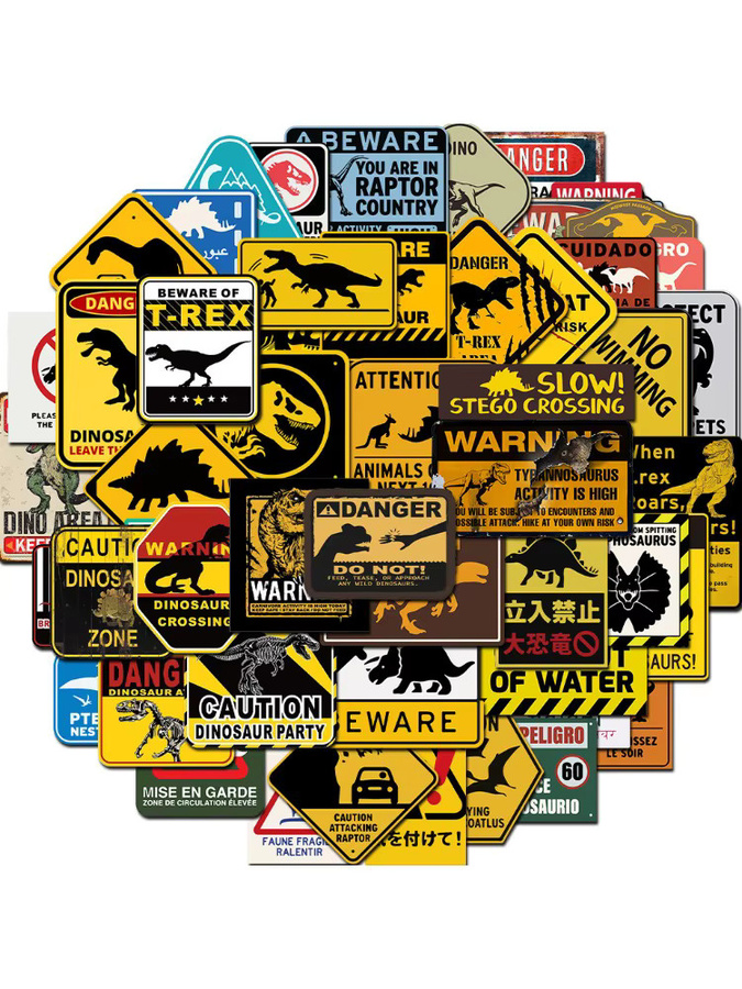 50 Stück Jurassic Warnhinweis Dinosaurier Aufkleber, wasserfeste Sticker in Multicolor für Laptop, Telefon und Gepäck von Story Store - Bild 4