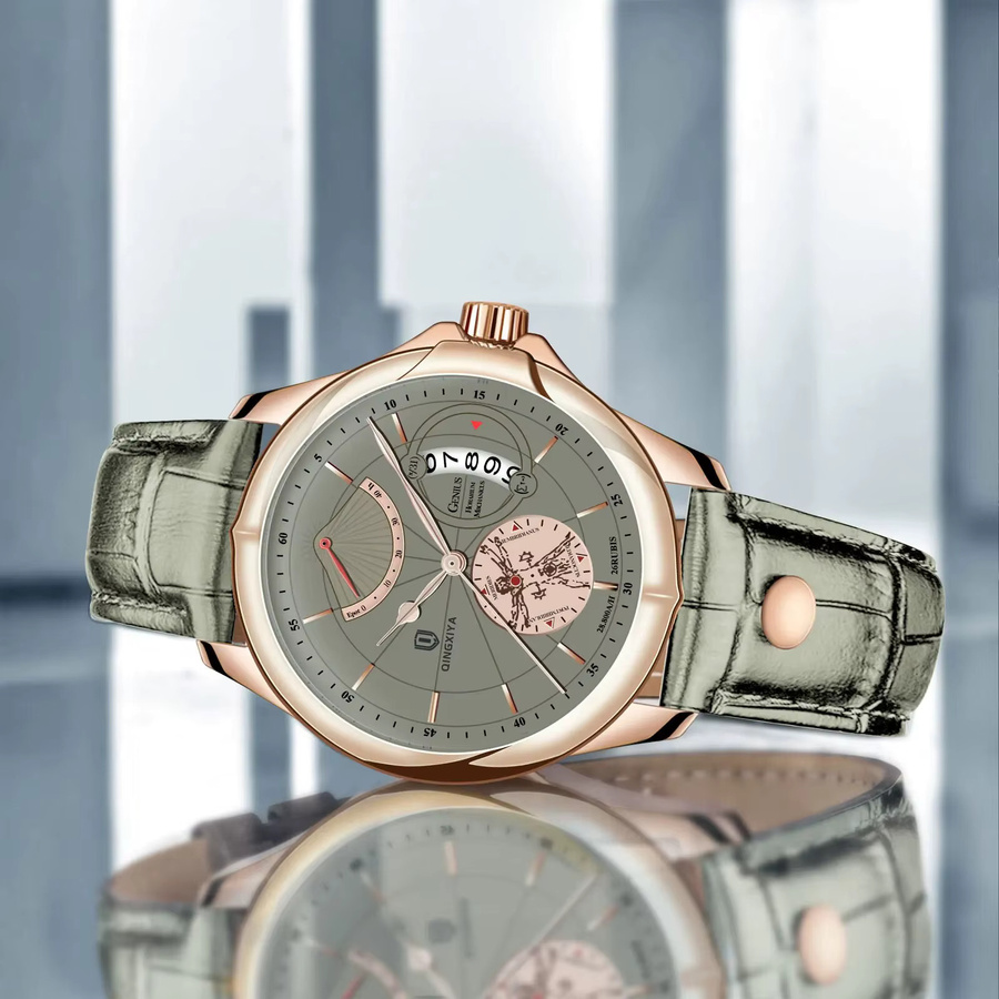 QINGXIYA Armbanduhr Leder, Quarz, Datum, Roségold, Herren - Bild 2
