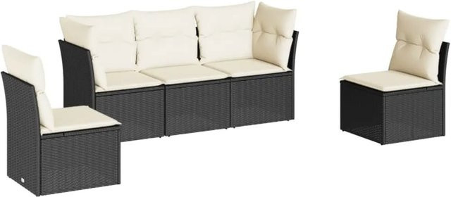 vidaXL 5-tlg Garten-Sofagarnitur in L-Form mit Kissen und Polstern, Schwarz/Weiß, Poly Rattan und Metallrahmen - Bild 1