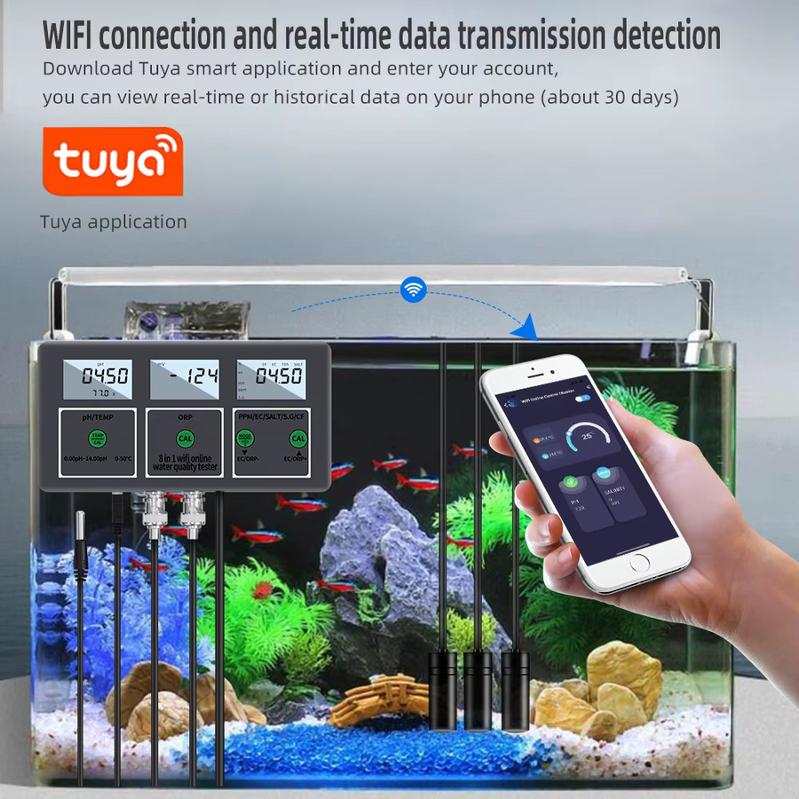 Tuya Wifi 8-in-1 Digitaler Wasseranalysator in Schwarz mit PH EC TDS Salz ORP CF S.G Temperatur Messung via App Remote Online Wasserqualitätsmonitor - Bild 2