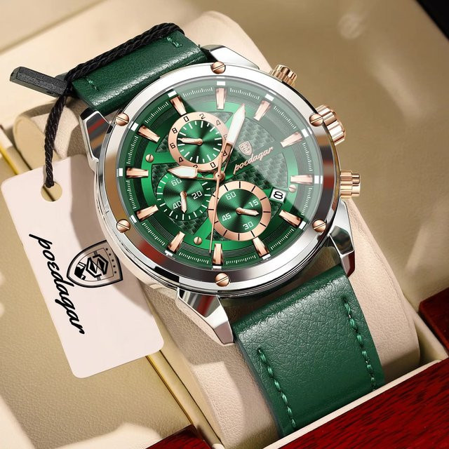 POEDAGAR Armbanduhr Chronograph, Quarz, Leder, Herren, Silber, Grün - Bild 1