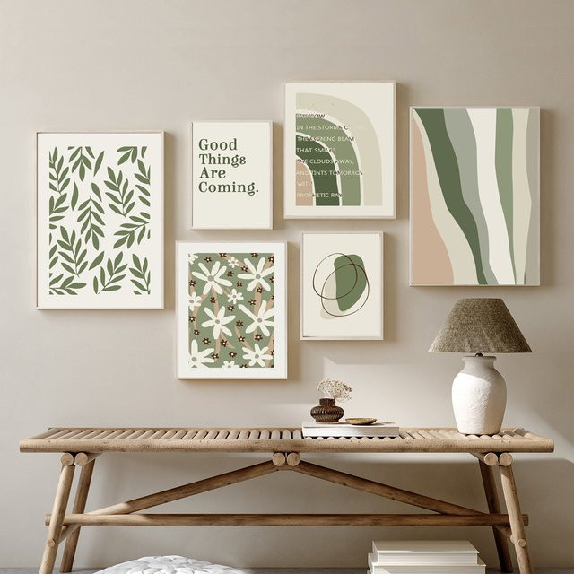 Potdemiel Leinwandgemälde mit abstrakten botanischen Formen im Boho-Stil, Mehrfarbig - Bild 1
