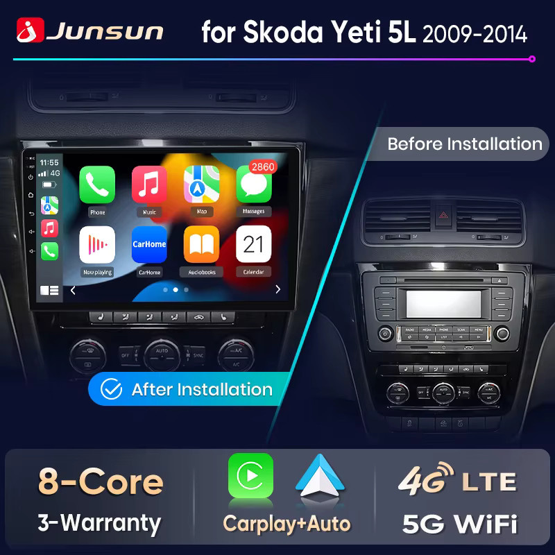 Junsun Android 15 Autoradio für Skoda Yeti 5L 2009-2014 mit 10,0 Zoll IPS-Touchscreen, kabelloses Apple CarPlay, Android Auto, GPS-Navigation, Bluetooth, 4G WiFi, DAB+ und 8-Kern Prozessor in Schwarz - Bild 2